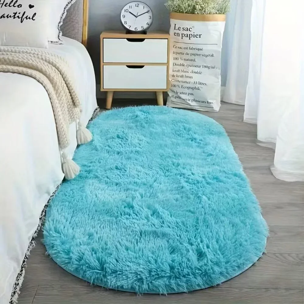 Blue Oval Fuzzy Rug